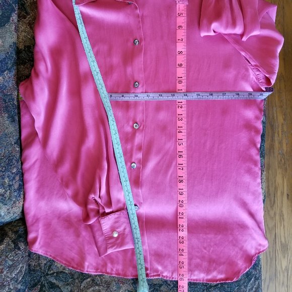Vintage 90s, satin blouse, round hem, L, M, mop buttons, rose pink,  Braemar - Picture 7 of 9